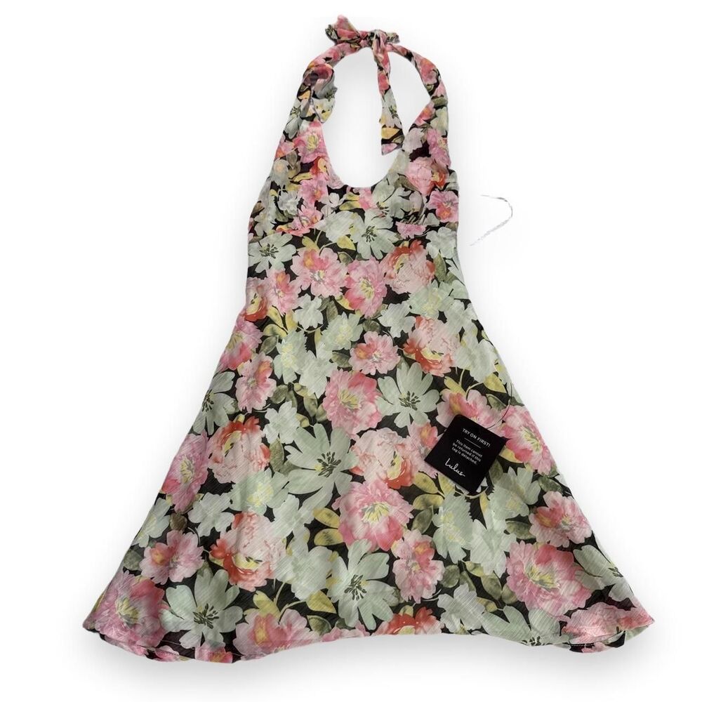 Lulus Pink Green Floral Halter Mini Dress Women's S NWT Sundress Brunch